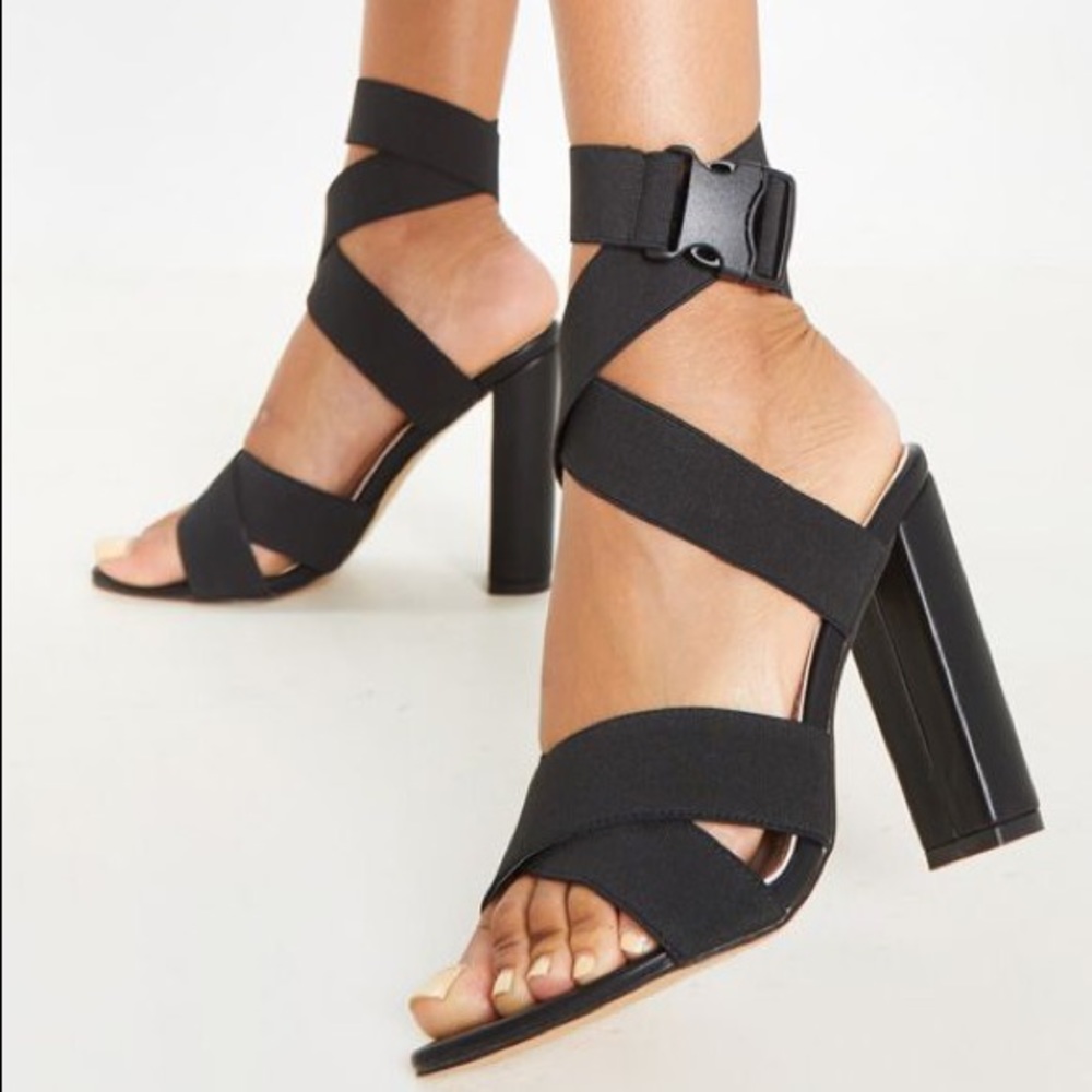 PLT Black Elastic Buckle Detail Block Heel $35